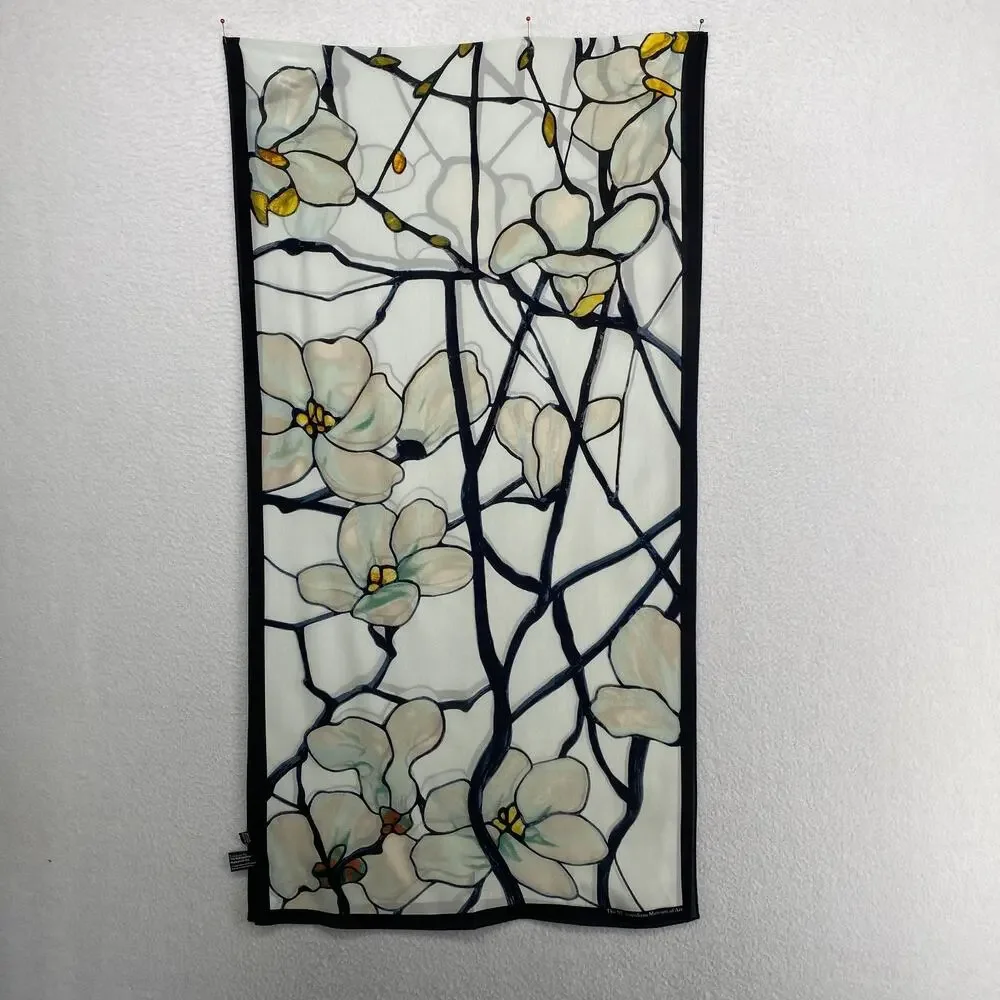 THE MET Scarf Silk Louis Comfort Tiffany Magnolia Floral Window Shawl Wrap White